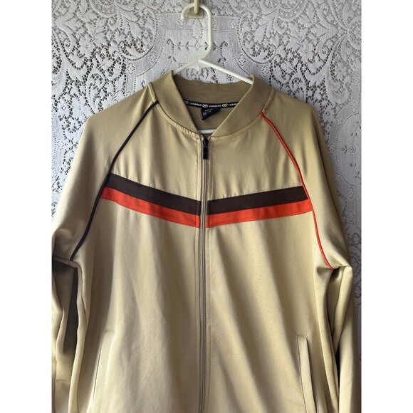 Jian Wang XL Men's 2 Pc Retro Zip Up Pockets Beige Striped Trim Track Suit - Picture 2 of 11